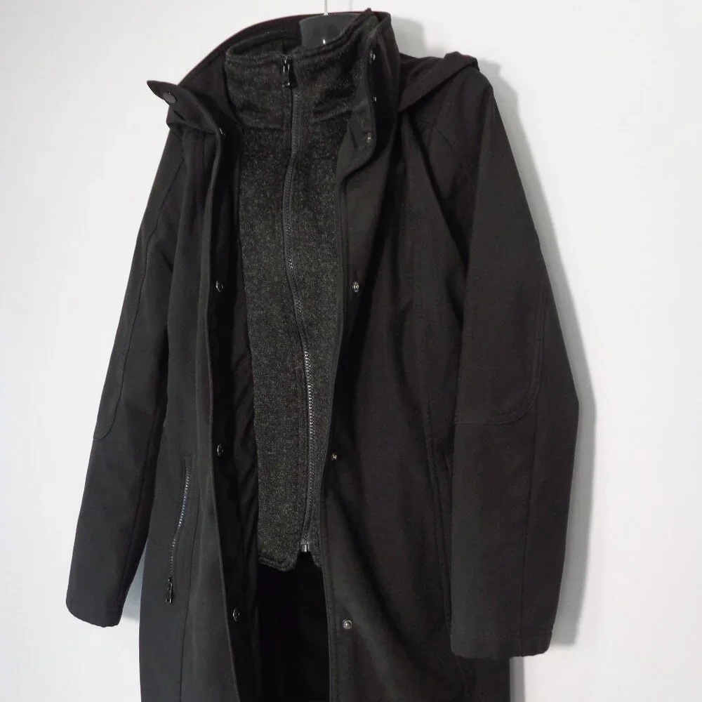 Liz Claiborne Women’s All Weather Coat Black Zip Snaps Hooded Mesh Lining Size M